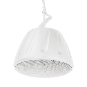 White hanging ceiling speaker with cable.