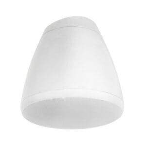 White ceiling-mounted speaker with modern design.