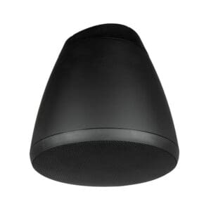 Black cone-shaped ceiling speaker, isolated view.