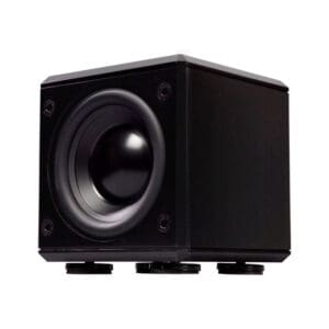 Black cube-shaped speaker with visible subwoofer.