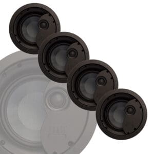 Five black round in-ceiling speakers displayed.
