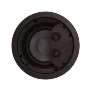 Round black ceiling speaker with dual tweeters.
