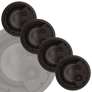 Four overlapping black audio speaker units.