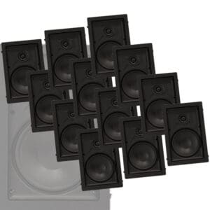Multiple black rectangular speakers in a pattern.