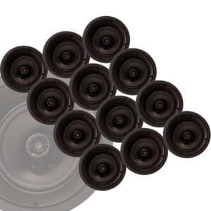 Array of black speakers on white background.