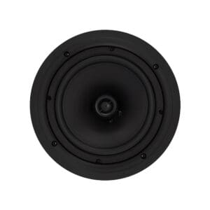 Black circular speaker on white background.