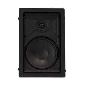 Black rectangular audio speaker with circular components.