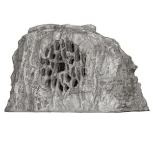 Artificial rock-shaped outdoor speaker with grill.