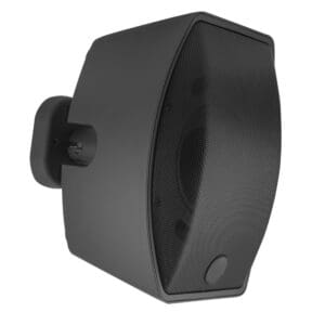 Black wall-mounted outdoor speaker with bracket.
