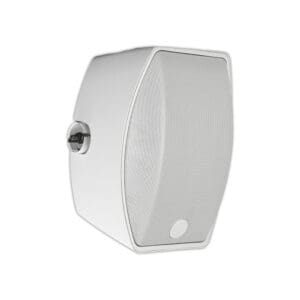 White wall-mounted speaker with metal grille.