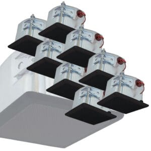 Ceiling-mounted air ventilation system with ducts.