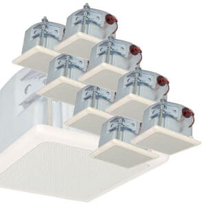 Ceiling-mounted ventilation fan system with motors.