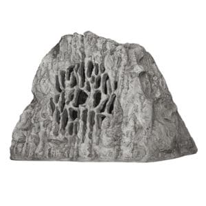 Artificial rock with intricate carved design.