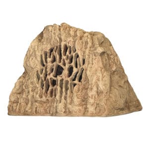 Artificial rock speaker with textured surface.