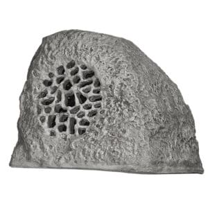 Rock-shaped outdoor speaker with vented design.
