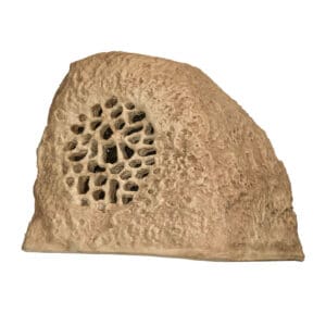 Rock-shaped speaker with textured surface.