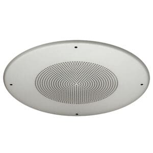Round ceiling speaker with perforated grille.