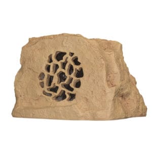 Rock-shaped outdoor speaker with grille design.