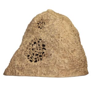Rock-shaped outdoor speaker with textured surface.