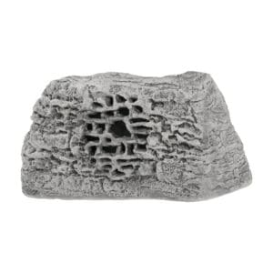 Artificial rock with a speaker grille opening.