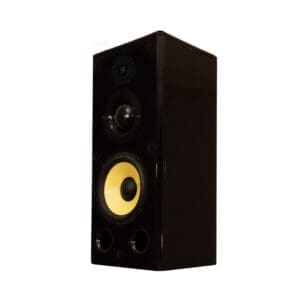 Black tower speaker with yellow woofer.
