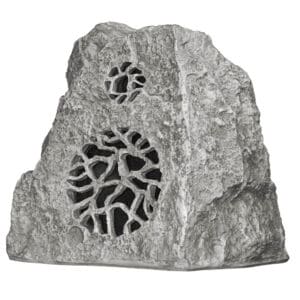 Rock-shaped outdoor speaker with mesh design.