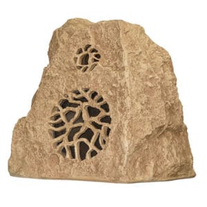 Rock-shaped outdoor speaker with grille design.