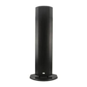Black, tall, freestanding floor speaker on base.