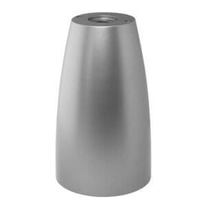 Silver metal cone-shaped object on white background.
