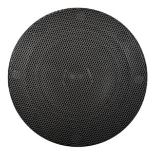 Round black speaker grille with mesh pattern.