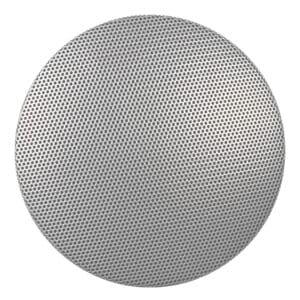 Round speaker grille with perforated pattern.