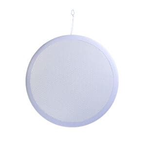 Round white ceiling speaker with hanging hook.