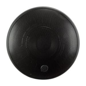 Round black stereo speaker with mesh cover.