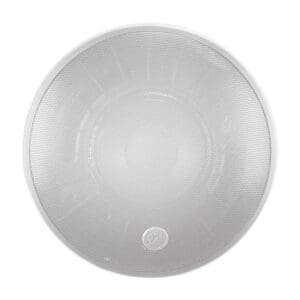 Round white ceiling speaker with mesh cover.