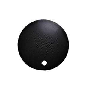 Black circular textured object with small hole.