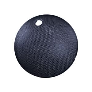 Black textured circular object with small hole.