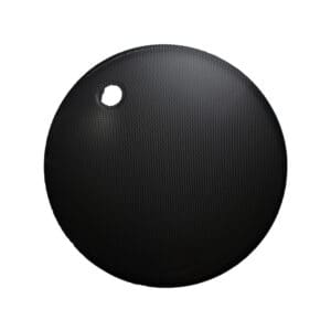 Black circular object with small hole.