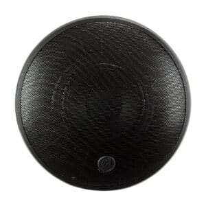 Round black audio speaker, front view.
