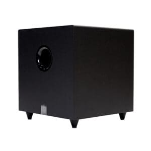 Black cube-shaped subwoofer with round port.
