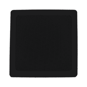 Black square mesh speaker on black background.