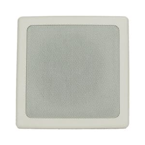 Square ceiling speaker with perforated grille.