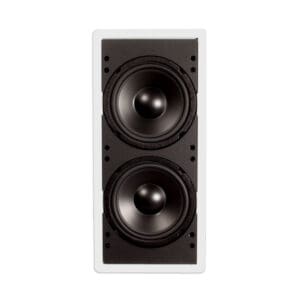 Dual black speakers in a white frame.