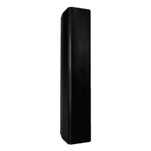 Tall black speaker on dark background.