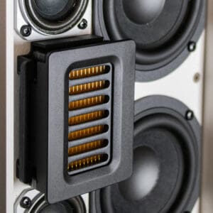Close-up of black and gold speaker components.