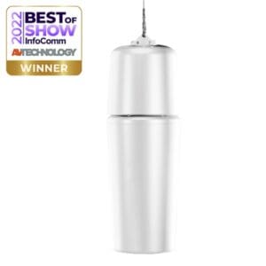 Award-winning white hanging cylindrical device.