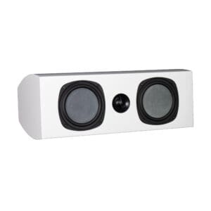 White speaker with two circular drivers.