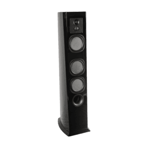 Black floor-standing speaker with three drivers.