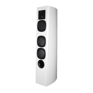 White tower speaker with multiple drivers.