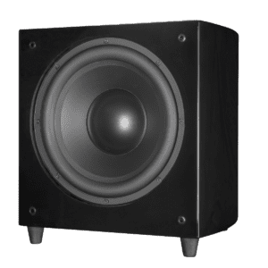 Black subwoofer speaker on a dark background.