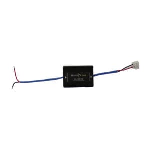 Black electronic device with blue and red wires.
